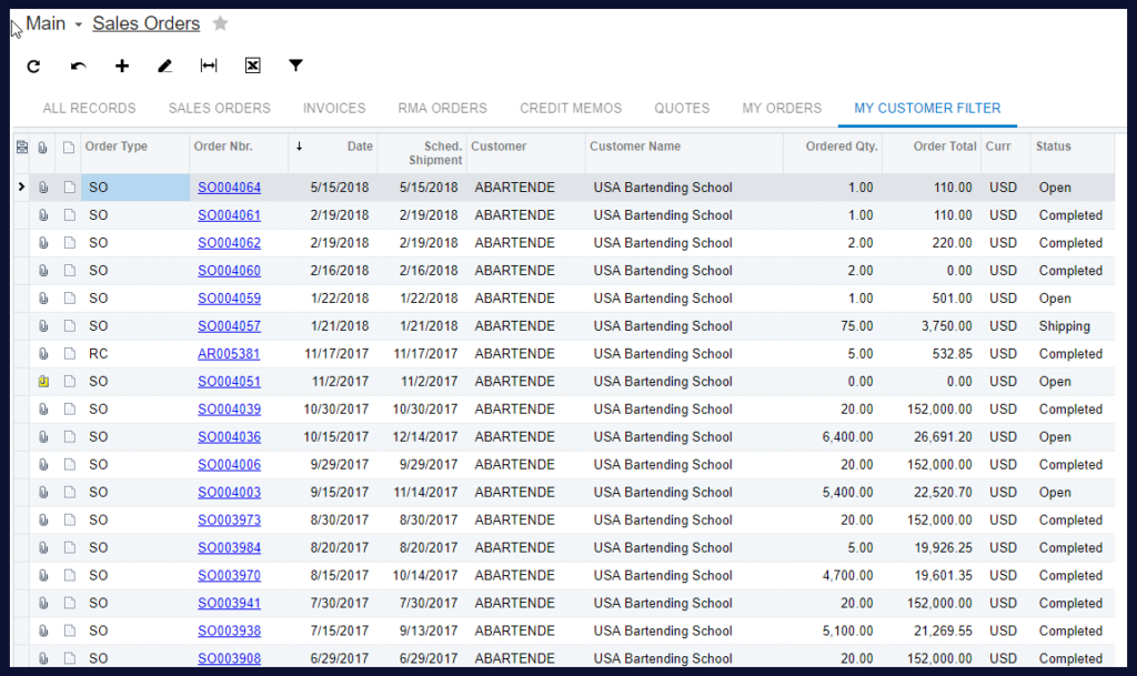 acumatica missing screens and disappearing filters