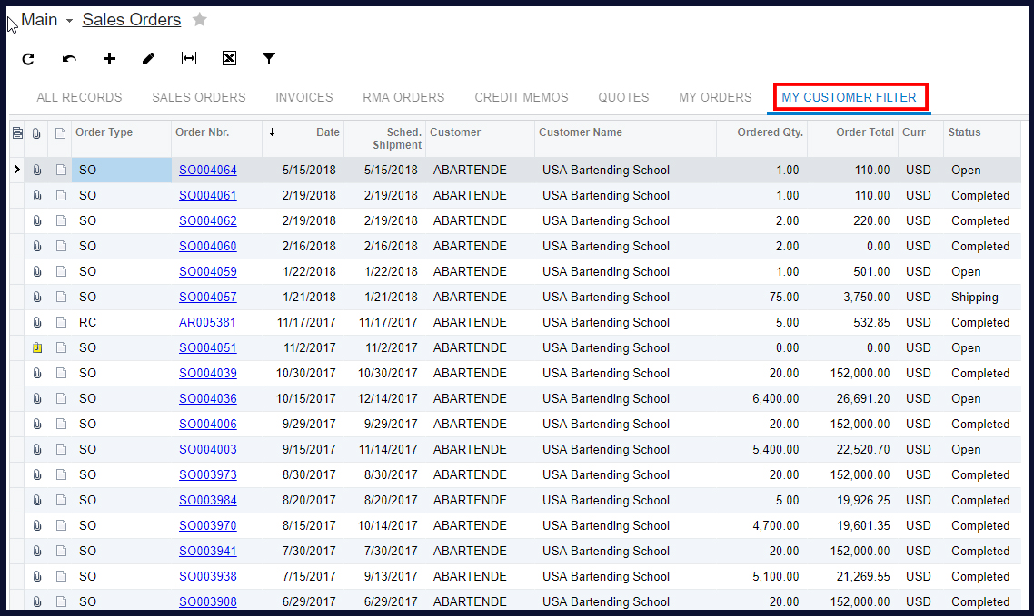 filter disappeared in acumatica