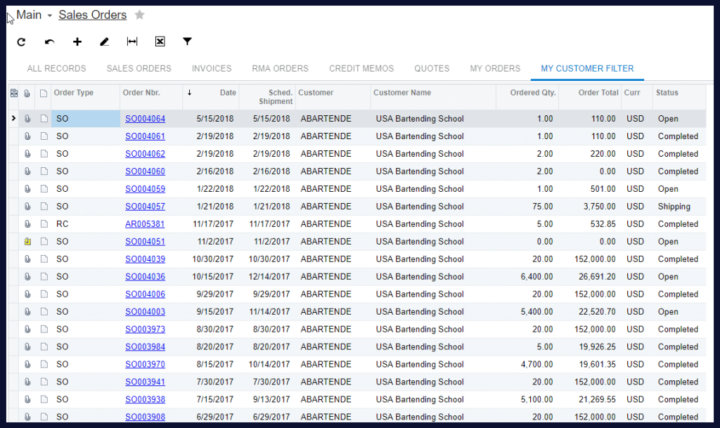 acumatica missing screens and disappearing filters